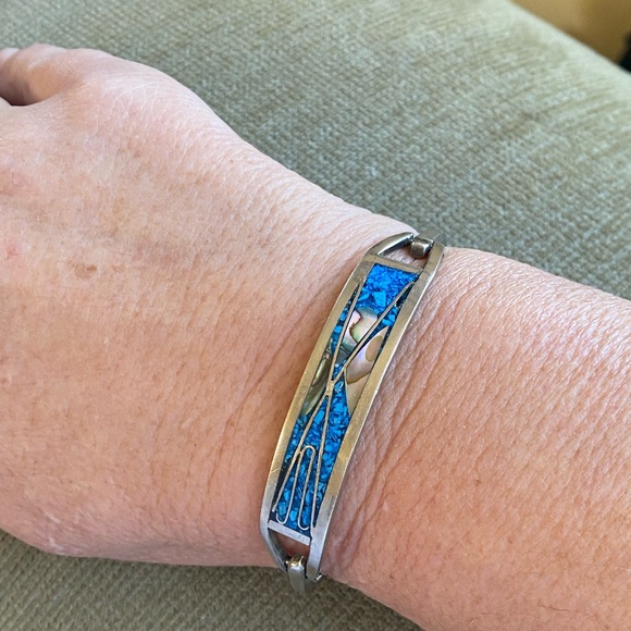 Vintage Silver and Turquoise and Abalone Women's bangle Bracelet - Picture 7 of 9